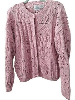 VTG Cape Isle Knitters Chunky Patchwork Knit Sweater Button Front Blush Pink